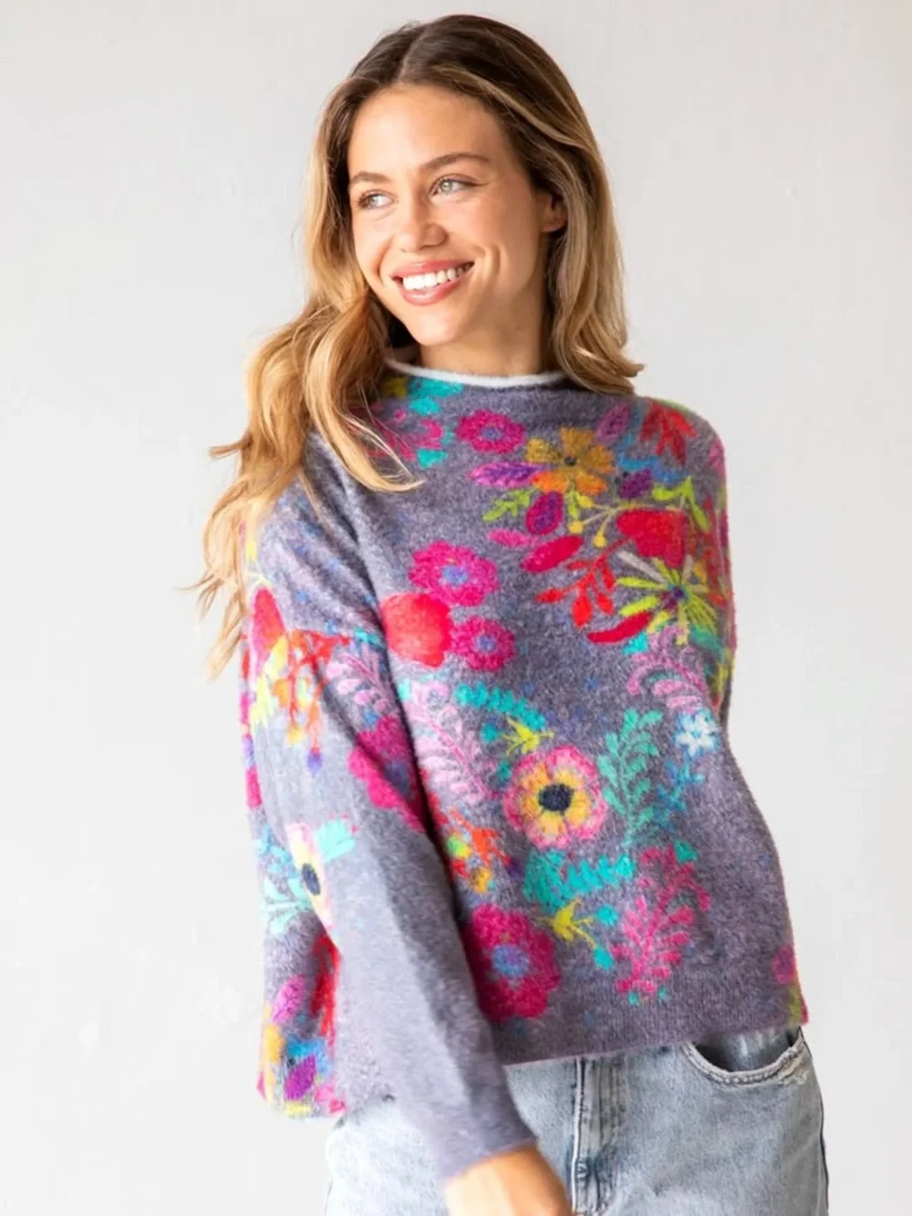 NATURAL LIFE FUZZY FLORAL MOCK NECK SWEATER L/XL - Picture 1 of 13